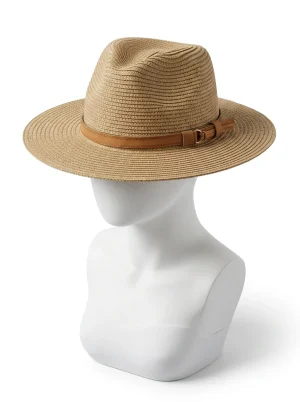 Chapeau fedora paille lanière cuir large bord élégant - Vue 1 - chapeau fedora