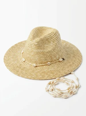 Chapeau fedora paille naturelle coquillages voyage femme - Vue 1 - chapeau fedora