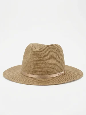 Chapeau fedora paille tissée bordure dorée élégant femme - Vue 1 - chapeau fedora