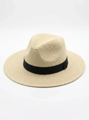 Chapeau fedora paille tressée bord large protection solaire - Vue 1 - chapeau fedora