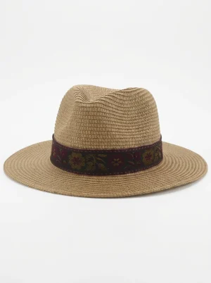 chapeau fedora paille tressée motif floral femme - Vue 1 - chapeau fedora